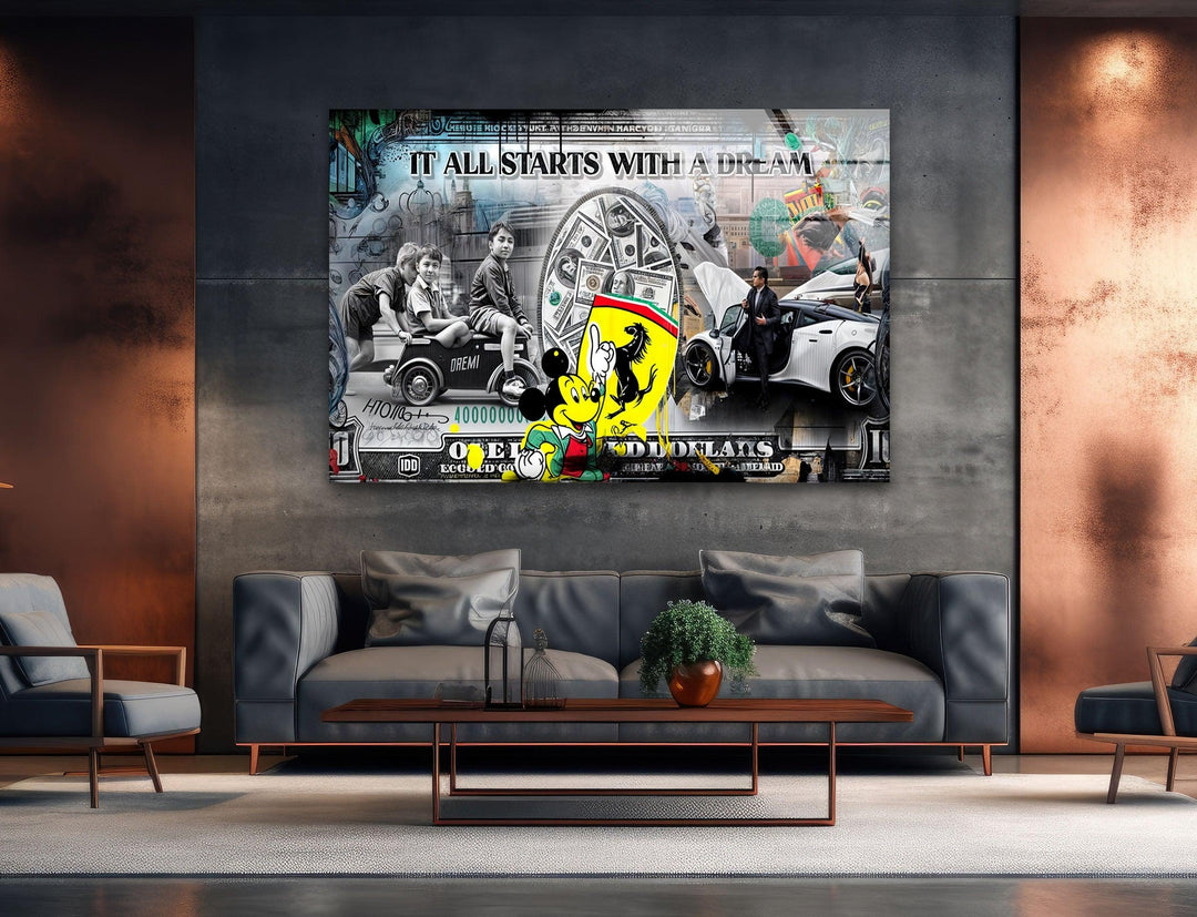 Money & Mickey Mouse Glass Wall Art glass wall decor, glass wall art decor
