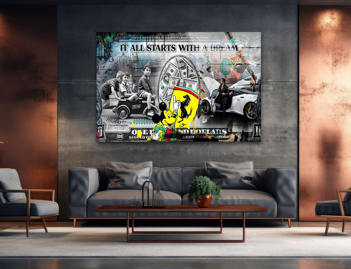 Money & Mickey Mouse Glass Wall Art glass wall decor, glass wall art decor
