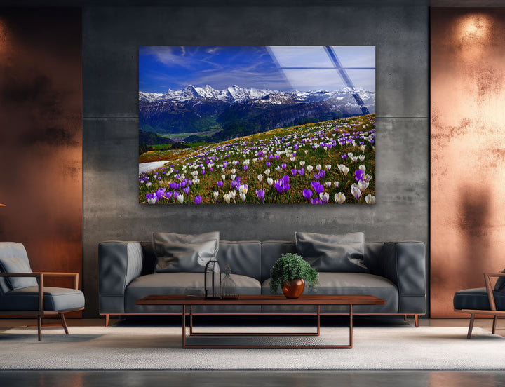Alpine Meadow Glass Wall Art – Majestic Mountain & Blooming Wildflower Landscape