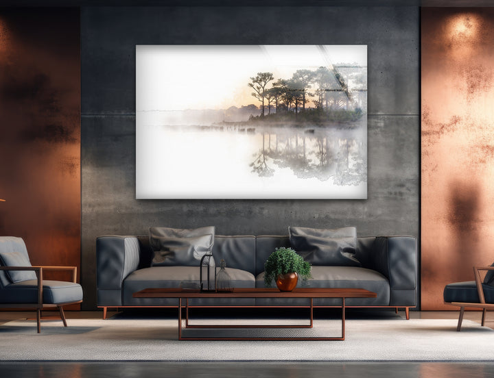 Nature art prints illustrating the beauty of morning fog over a peaceful water scene.
