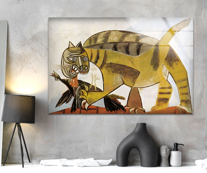 Cat Devouring a Bird by Pablo Picasso Glass Wall Art