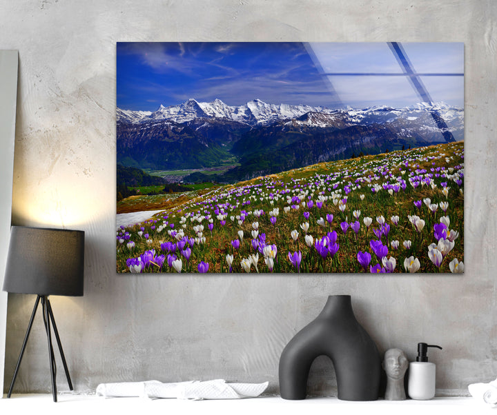 Alpine Meadow Glass Wall Art – Majestic Mountain & Blooming Wildflower Landscape