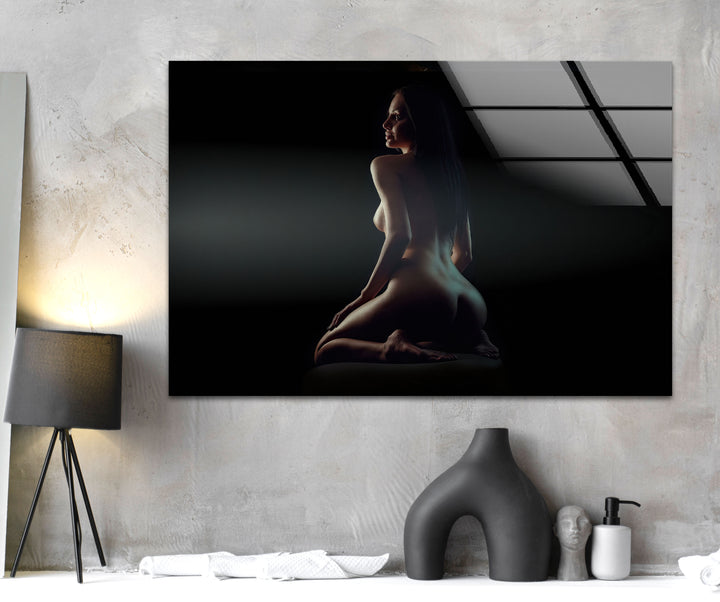 Sophisticated glass wall art with striking erotic nude designs
