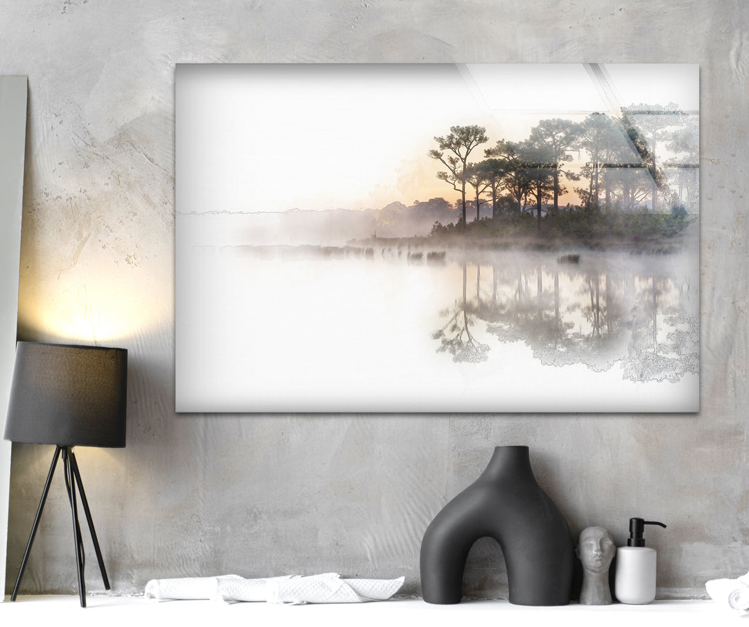 Minimalist landscape wall art featuring a subtle color palette and a reflective lake.
