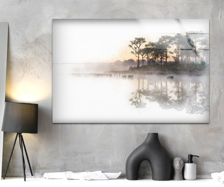 Minimalist landscape wall art featuring a subtle color palette and a reflective lake.
