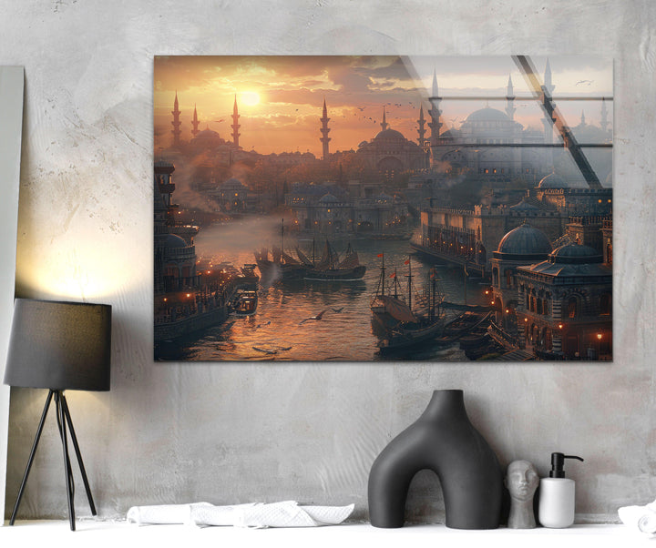 Sunset Istanbul in Ancient Times Glass Wall Art custom glass pictures, glass art prints
