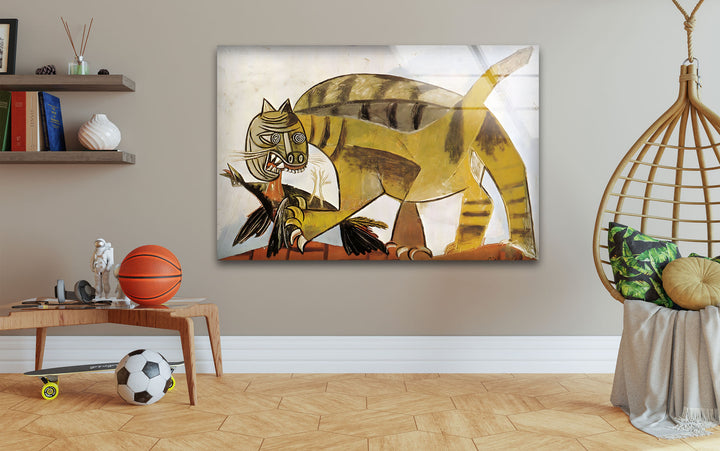 Cat Devouring a Bird by Pablo Picasso Glass Wall Art