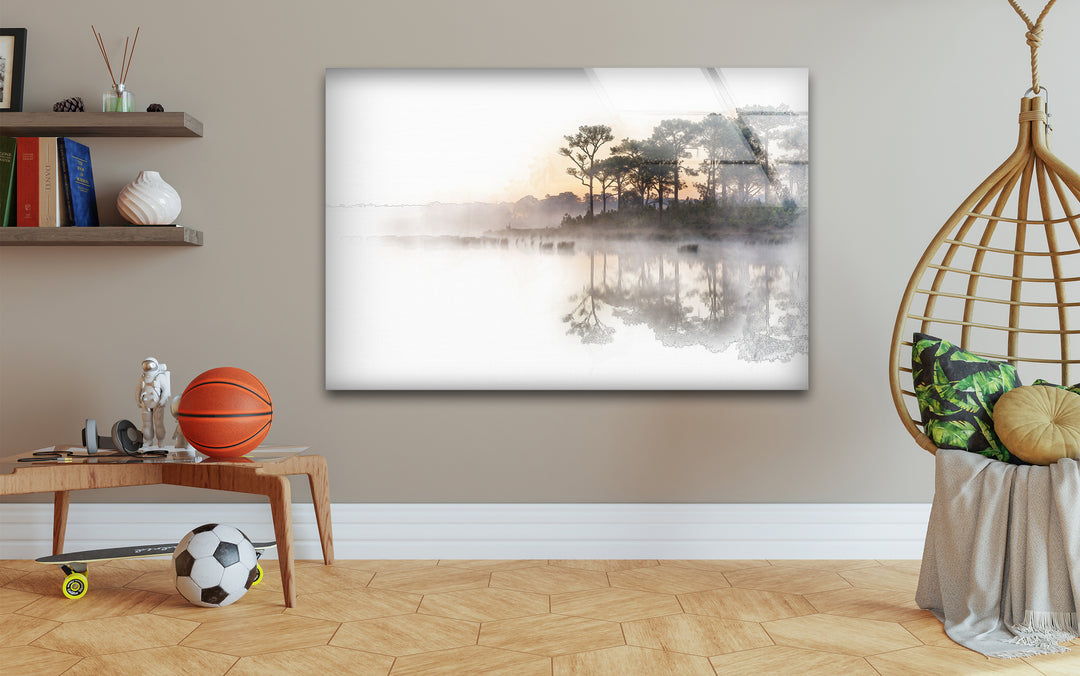 Landscape photo for sale highlighting a moody sunrise and dreamy forest reflections.
