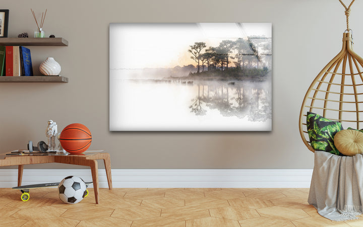Landscape photo for sale highlighting a moody sunrise and dreamy forest reflections.

