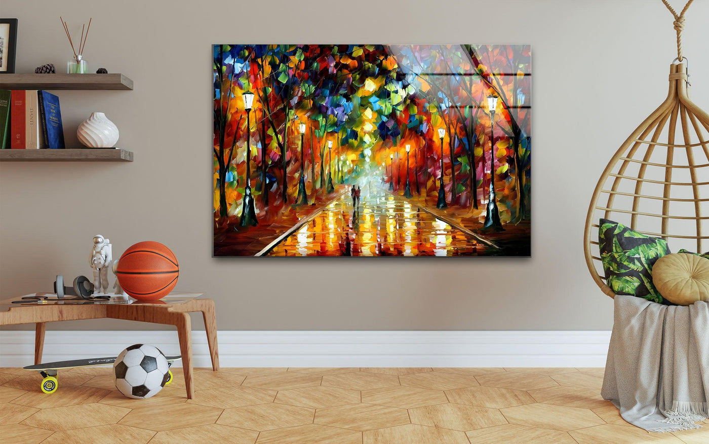 A vibrant glass wall art features organic, colorful forms of trees and reflected light on a wet pathway.