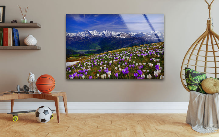 Alpine Meadow Glass Wall Art – Majestic Mountain & Blooming Wildflower Landscape