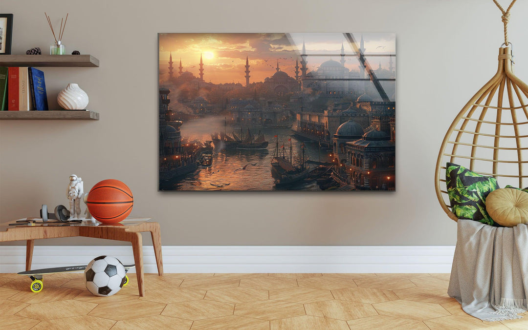 Sunset Istanbul in Ancient Times Glass Wall Art photo print on glass, prints on glass wall art
