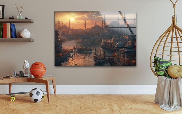Sunset Istanbul in Ancient Times Glass Wall Art photo print on glass, prints on glass wall art
