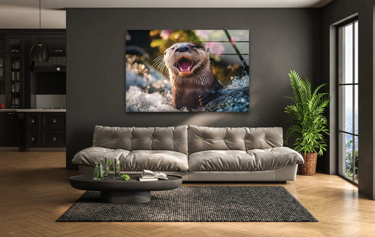 A happy otter on water glass wall art, featuring dominant earthy and aquatic tones for vibrant home decor.