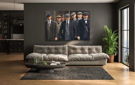 Negative space surrounds this vintage gang style portrait, offering a striking contrast to the sharp lines and muted tones of the glass wall art decor.