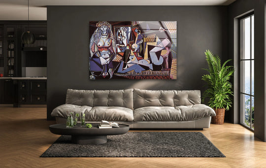 A horizontal glass wall art decor depicts cubist figures arranged in angular shapes.