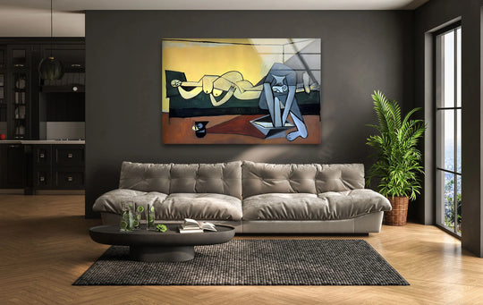 Abstract glass wall art depicts cubist figures in muted tones, creating a stylized representation of a woman washing her foot.