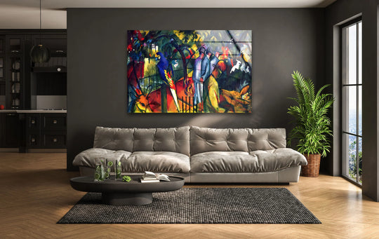 Vibrant transitions of blue, yellow, and red dominate this August Macke glass wall art, adding stunning home decoration.