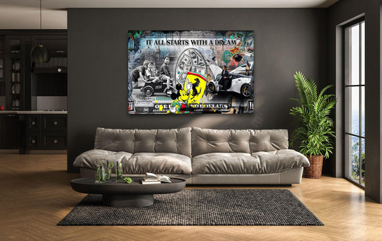 Subtle gradations of light and shadow highlight the sleek finish of this motivational 'It All Starts with a Dream' luxury glass art piece.