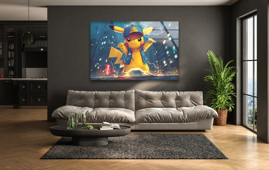 Showing the focal point, this glass wall art features an electric hero cartoon character with lightning, ideal for home decoration in a modern space.
