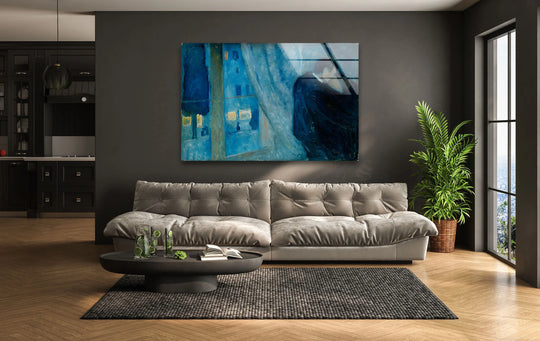 A man in dark robes stands beside a blue curtain, captured in an abstract wall print.