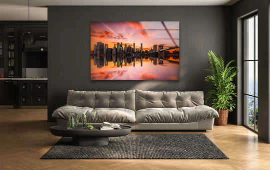 City Prints glass wall art Brooklyn Bridge and skyline reflection plus sunset view and modern home decor