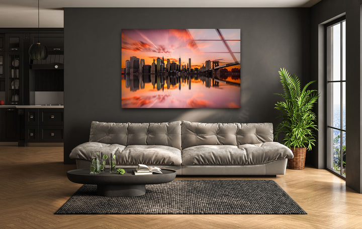 Glaswandkunst New York City – Spiegelung der Brooklyn Bridge und der Skyline bei Sonnenuntergang
