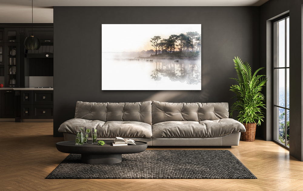 Tranquil nature art print featuring a peaceful misty sunrise over a calm lake.
