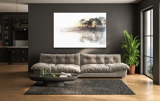 Framed by a rectangle, the misty forest reflections in this glass wall art utilize distinct geometric elements through the trees and their water mirror image in glass printing.