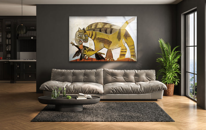 Cat Devouring a Bird by Pablo Picasso Glass Wall Art