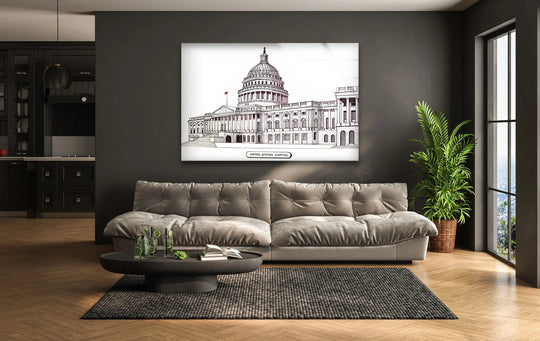 Featuring the transition between colors in this architectural sketch design, the United States Capitol artwork is printed on tempered glass wall art.