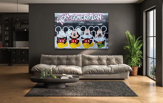 Dynamic graffiti-style cartoon figures convey motion in this New Generation urban pop art glass wall art thanks to high-quality glass printing.
