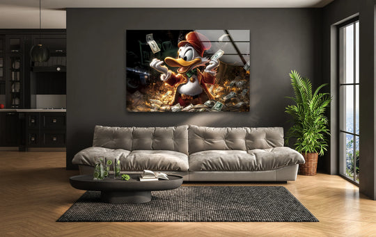 Millioner duck, the focal point of this vibrant glass wall artwork, is surrounded by stacks of money, creating a playful animation art piece.