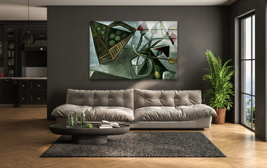 A striking collection of Picasso's abstract still life rendered in shades of deep green and gray, as best glass art.