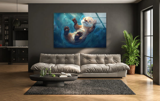 A baby otter floats joyfully in this whimsical oil painting decoration, bringing a playful mood to any hanging wall art display.
