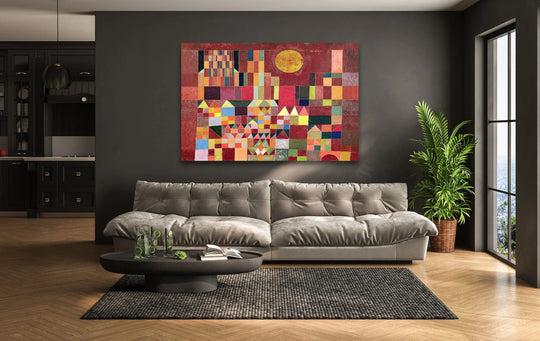 A vibrant glass wall art rendition of Paul Klee's Castle and Sun, showcasing exceptional material quality in its detailed geometric design.