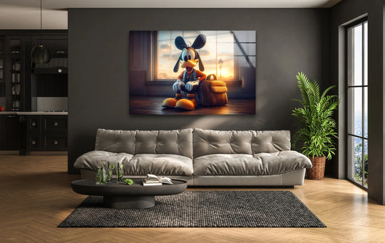 Highlighting the abstract quality, this cheerful cartoon dog with backpack glass wall art adds a touch of whimsical home decoration to a modern living space.