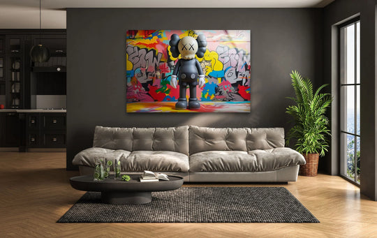 The Kaws with Graffiti glass wall art features colorful pop art and urban decor and is cool art that is iconic wall art for modern interiors