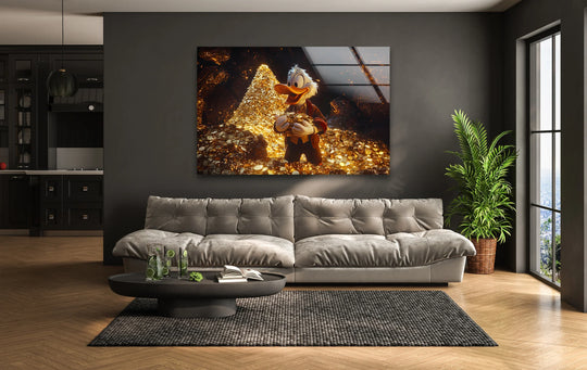 Horizontal and square, the Duck with Golds glass wall art showcases vibrant glass printing, adding a touch of playful animation to any modern space.