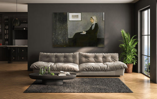 Whistler's Mom James Abbott McNeill Whistler glass wall art depicts a serene woman in a dark dress and bonnet as a focal point of wall prints.
