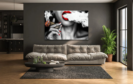 A close-up view showcases the striking texture of a woman's lips and a cigar, part of a vibrant glass wall art decor piece.