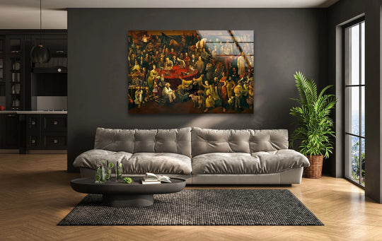 This famous painting glass wall art, featuring discuss the divine comedy with dante, displays depth and layers through its intricate composition.