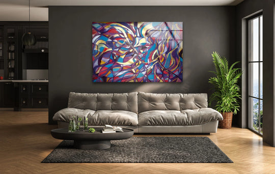 A vibrant, abstract glass wall art piece evokes a joyful and energetic mood, perfect for modern decorative wall art.
