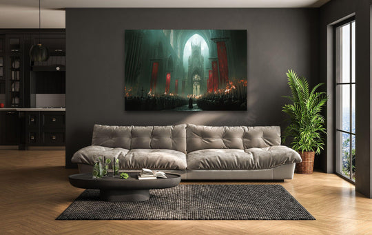 Cathedral gothic glass wall art with a unique modern wall decor finish, showcasing an awe-inspiring scene.