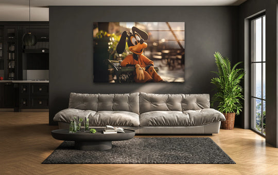 Tempered quality of the glass wall artwork enhances the cheerful cartoon dog, providing a modern look to this vibrant piece.