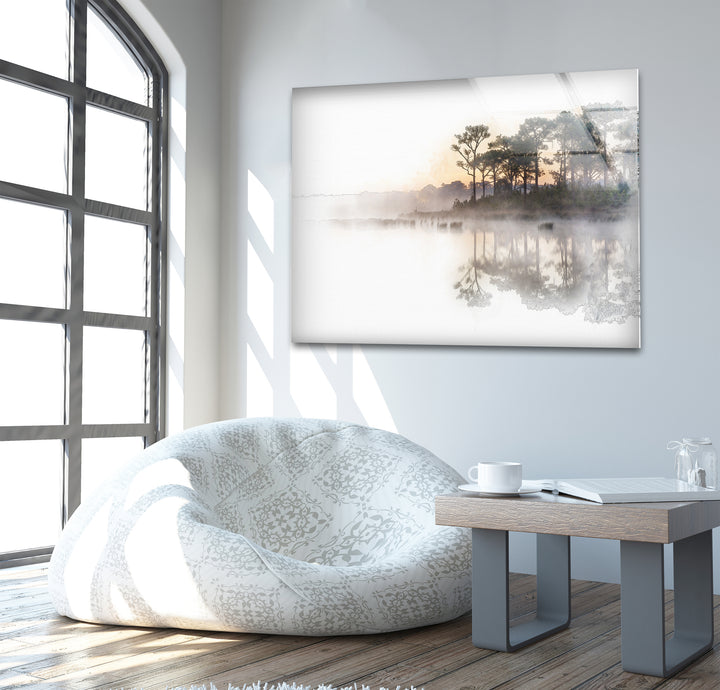 Misty forest reflections glass wall art showcasing a serene lake surrounded by fog and trees.
