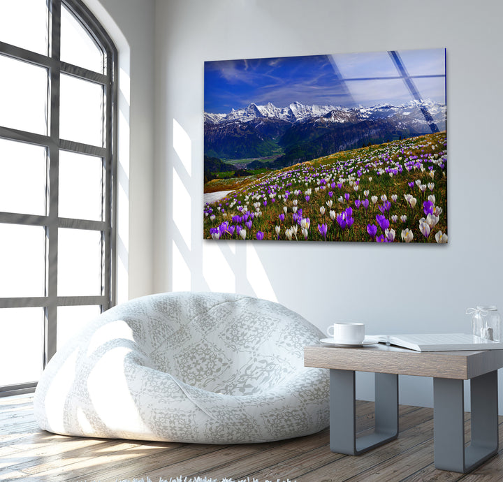 Alpine Meadow Glass Wall Art – Majestic Mountain & Blooming Wildflower Landscape