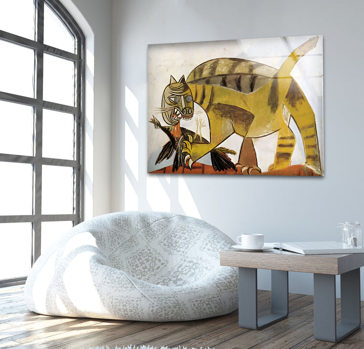 Cat Devouring a Bird by Pablo Picasso Glass Wall Art