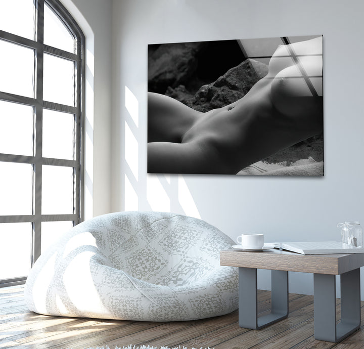 Sophisticated erotic nude art paired with sleek glass wall decor ideas
