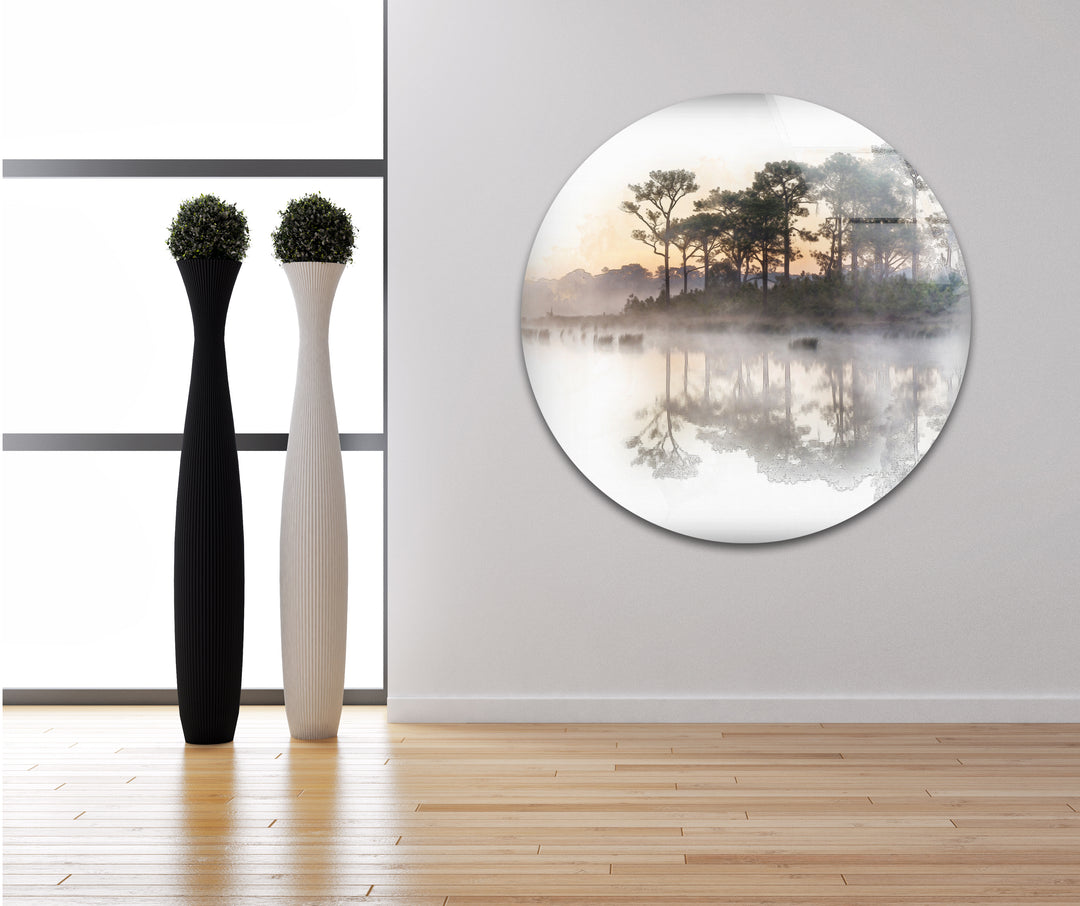 Tranquil nature art print featuring a peaceful misty sunrise over a calm lake.
